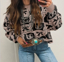 Brown Bows & Horseshoes Pattern Western Fashion Print Sweater
