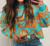 Brown Bows & Horseshoes Pattern Western Fashion Print Sweater
