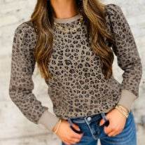 Khaki Ribbed Trim Leopard Print Long Sleeve Top