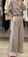 Gray Morn Varsity Striped Detail Crewneck Pullover Elastic Sweatpants 2pcs Outfit