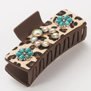 Parchment Western Leopard Print Gem Turquoise Detail Jaw Hair Clip