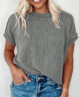 Medium Grey Crinkle Rib Knit Exposed Seam Round Neck T-shirt