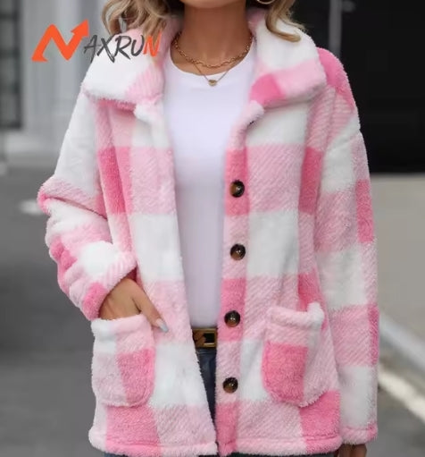 Sherpa Fleece Jacket Women's  Plaid Print Coat With Double Pocket