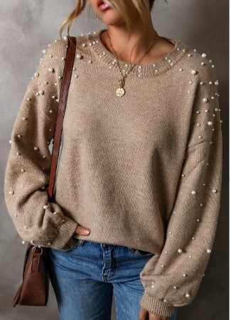 Pearl Drop Shoulder Round Neck Sweater-Biege
