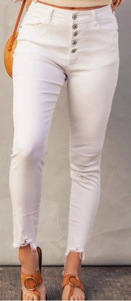 White Plain High Waist Buttons Frayed Cropped Denim Jeans
