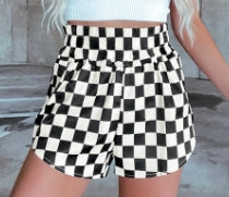 Black Checkered Print High Waist Casual Shorts
