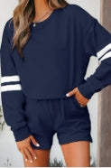 Navy Blue Varsity Striped Sleeve Drop Shoulder Sweatshirt and Short Set