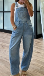 Dusk Blue Adjustable Buckle Barrel Denim Overalls