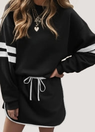 Black Varsity Stripe Detail Drop Shoulder Pullover Mini Skirt Set