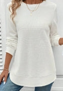 White Rounded Hem Waffle Long Sleeve Top