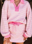 Pink Stripe Collared V Neck Drop Shoulder Pullover and Skort 2pcs Outfit