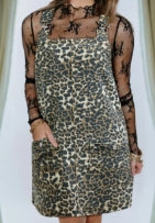 Gray Leopard Print Pocketed Loose Fit Denim Overall Dress