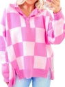 Pink Checkerboard Half Button Collared Drop Shoulder Sweater