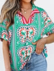 Sea Green Boho Abstract Print Contrast Striped Collared V Neck Blouse
