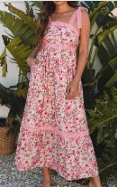 Pink Floral Lace Tied Strap Empire Waist Maxi Dress