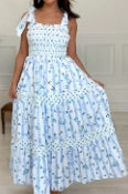Sky Blue Floral Smocked Tied Straps A-Lined Tiered Maxi Dress