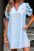 Myosotis Contrast Striped Notched V Neck Puff Sleeve Mini Dress