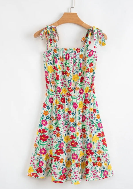 Red Floral Knotted Straps Cinched Waist Ruffle Hem Mini Dress