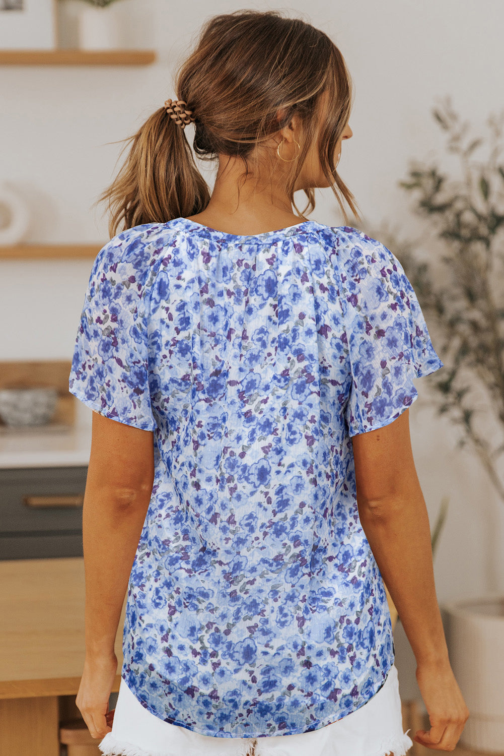 Blue Floral Flutter Sleeve v-Neck