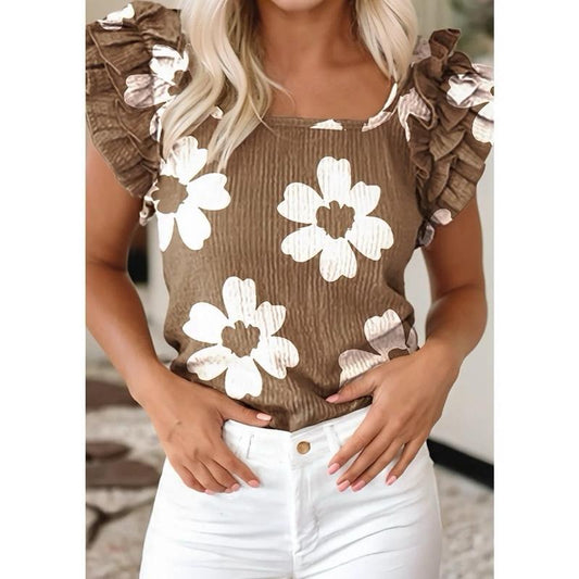 Brown Floral Ruffle Square Neck