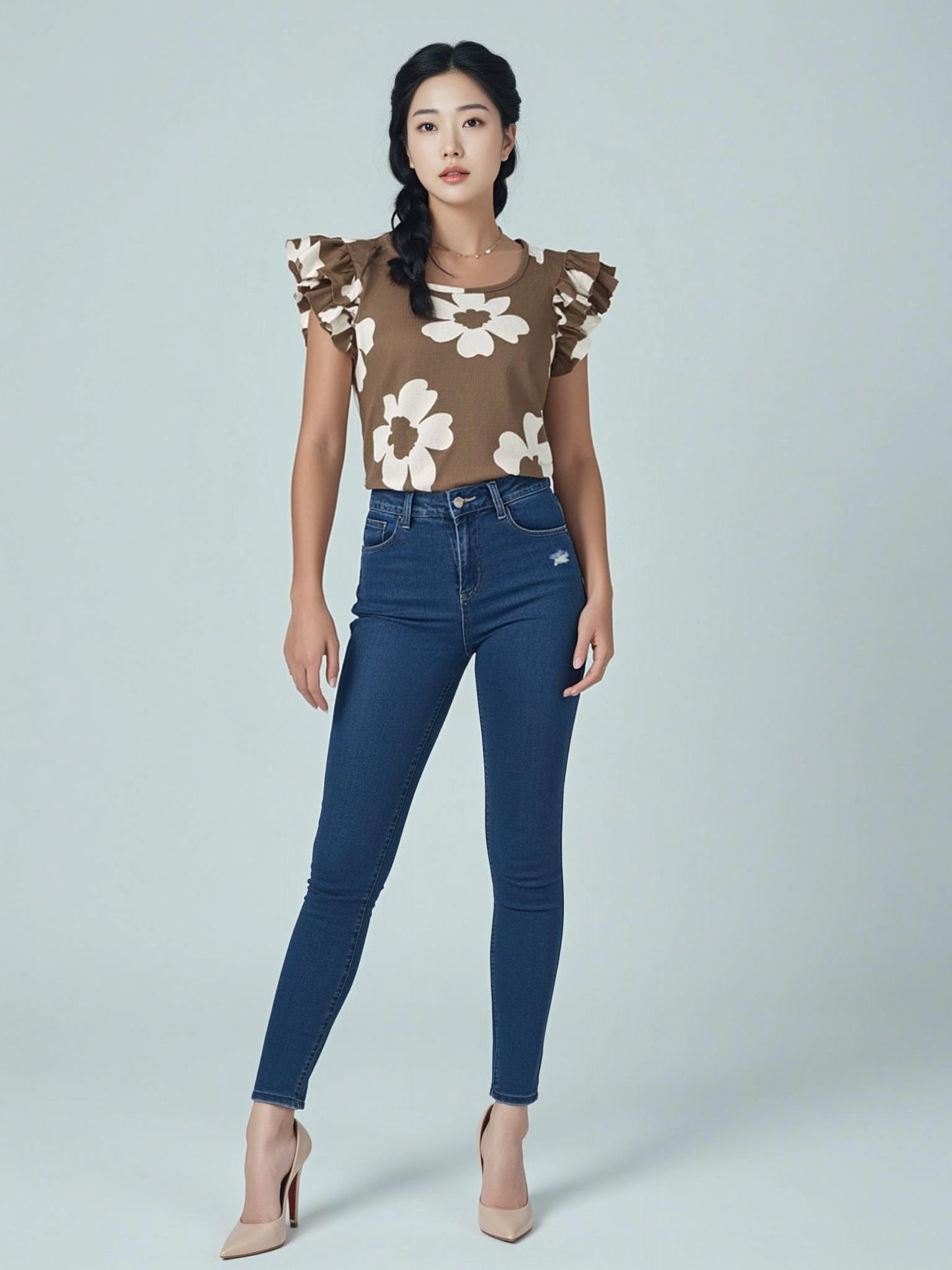 Brown Floral Ruffle Square Neck