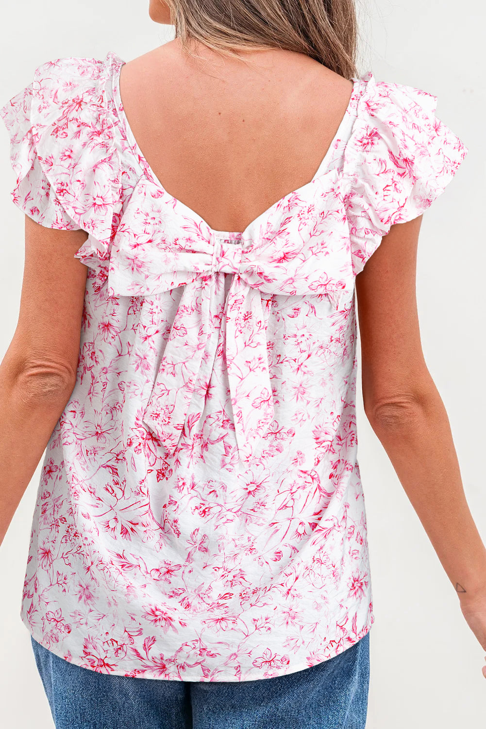 Pink Floral Bow Flutter Sleeve
