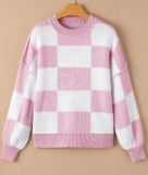 Pink Checkered Bishop Sleeve Sweater