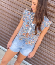 Denim Flower Bow Tie Vest
