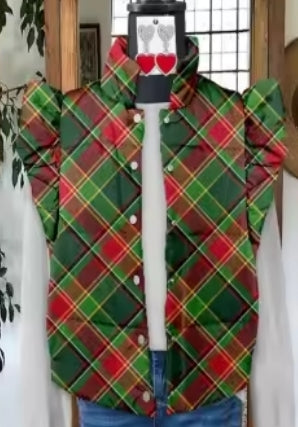 Green & Red Plaid Puffer Vest
