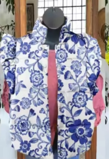 Blue and White Floral Puffer Vest