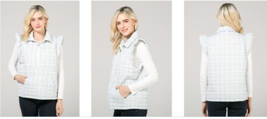 Light Blue Floral White Puffy Vest