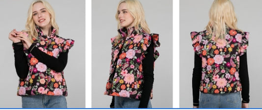 Puffy Vest - Black Floral