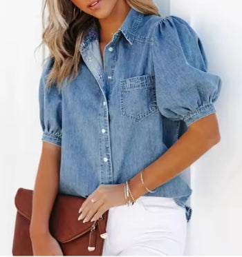 Denim Puff Sleeve Blouse
