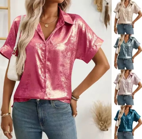 Short Sleeve Metallic Button Down
