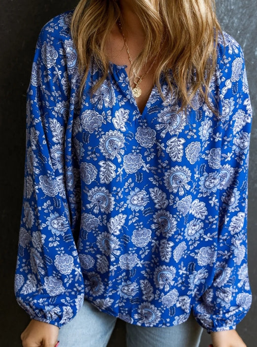 Blue Floral V-neck LS